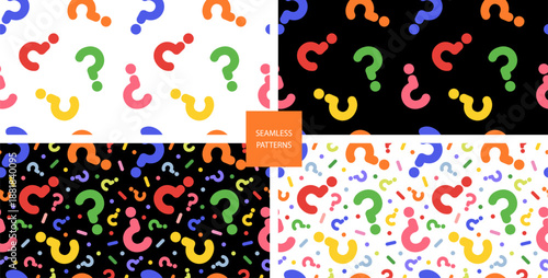 Question mark seamless pattern set. Colorful abstract background collection. Customer service, presentation, conversation, communication, faq help concept