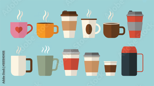 Colorful coffee and tea cups on blue background