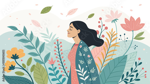 Eco-Friendly Concept Illustration of a Woman Integrated with Botanical Vines and Nature Elements