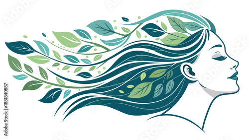 Artistic Vector Illustration of a Woman with Hair Blowing in the Wind and Abstract Nature Motifs in Minimalist Style