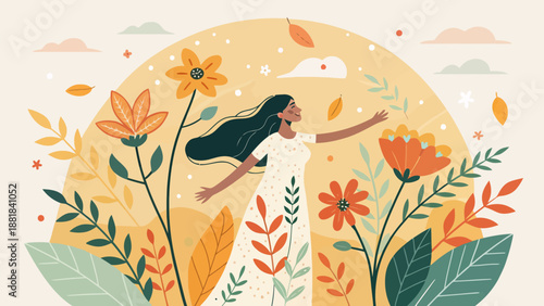 Symbolic Female Figure Illustration Emerging from Abstract Nature Elements and Leaves Representing Eco Harmony