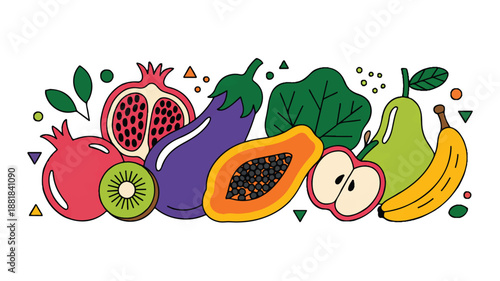 colorful fruit and vegetable illustration with geometric shapes