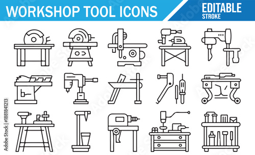 Outline Vector Icons for Saw, Drill, Hammer, and Workbench