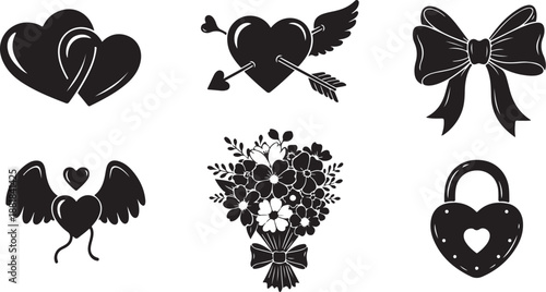 Valentine's Day symbols and icons in black and white