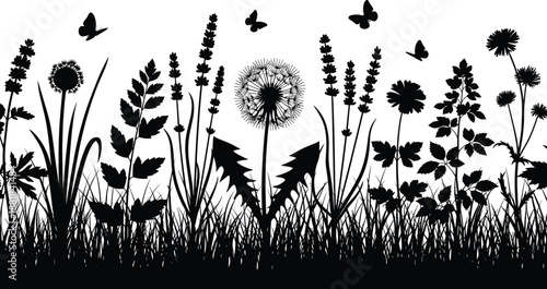 Wildflower Meadow Silhouette Featuring Grass Dandelions and Butterflies CAD Drawing Flat Vector Illustration for Nature Garden Border and Summer Background Design,