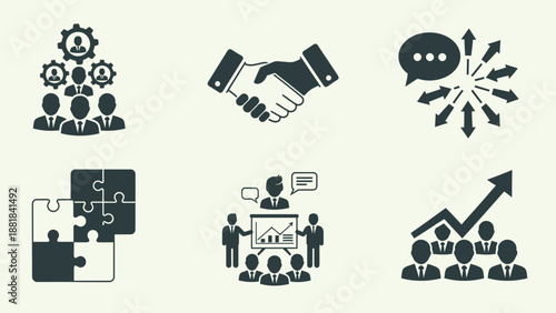 Business Icons Representing Teamwork and Growth.