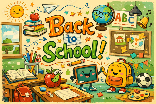 Vibrant cartoon illustration celebrating the joy and excitement of returning to school with fun characters