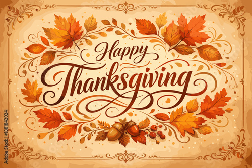 Happy Thanksgiving decorative text with autumn leaves and acorns in vintage style