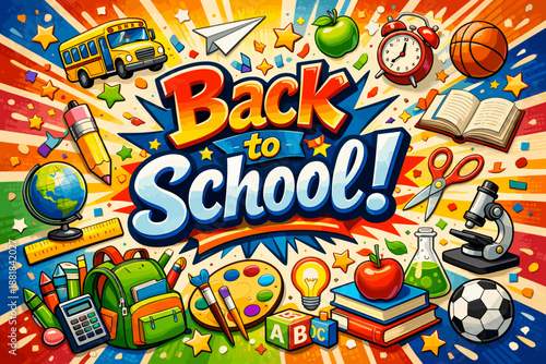 Vibrant "Back to School" illustration with diverse educational supplies and symbols