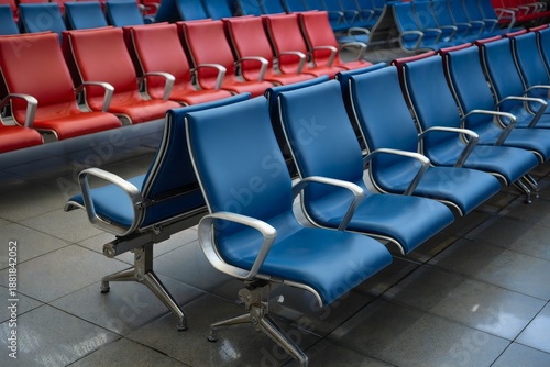 Rows of Blue and Red Waiting Room Chairs in a Public Space