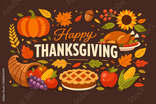 Happy Thanksgiving illustration with festive autumn harvest elements and a roasted turkey