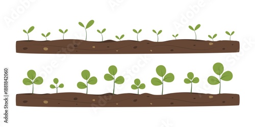 Green sprouts growing from soil. Concept of growth, new life, development, ecology, and sustainability. Spring illustration for design, decoration, border, banner, invitation, sale.