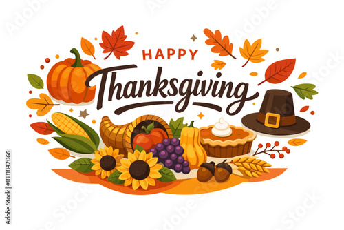 Happy Thanksgiving illustration with harvest bounty and autumn leaves