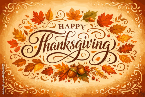 Happy Thanksgiving decorative lettering surrounded by autumn leaves and acorns