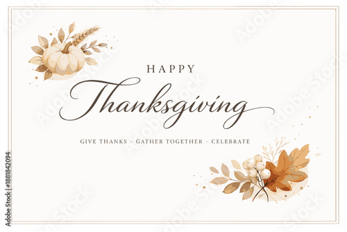 Elegant Happy Thanksgiving greeting card with autumn leaves and pumpkin illustration