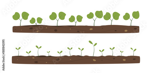 Green seedling growing from soil. Spring illustration for design, decoration, border, banner, invitation, sale.