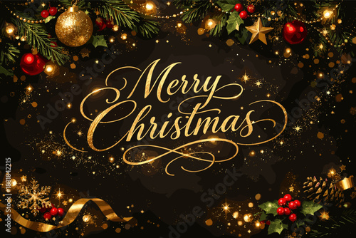 Elegant Merry Christmas greeting with golden script and festive ornaments on dark background