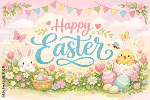 Happy Easter greeting with cute bunny, chick, eggs, and flowers in a spring meadow