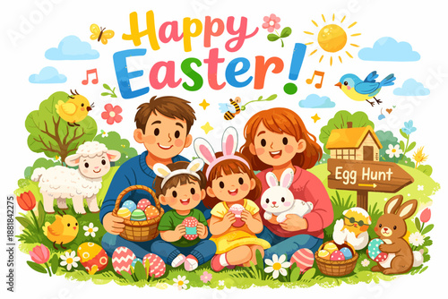 Happy Easter celebration with a family enjoying the spring holiday outdoors with decorated eggs
