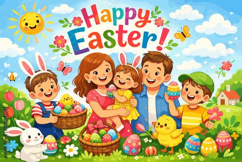 Happy Easter family celebration with colorful eggs and cute chicks in a spring meadow
