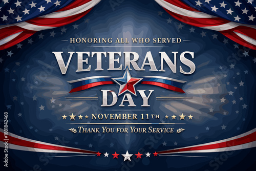Veterans Day graphic honoring all who served with American flag elements and stars