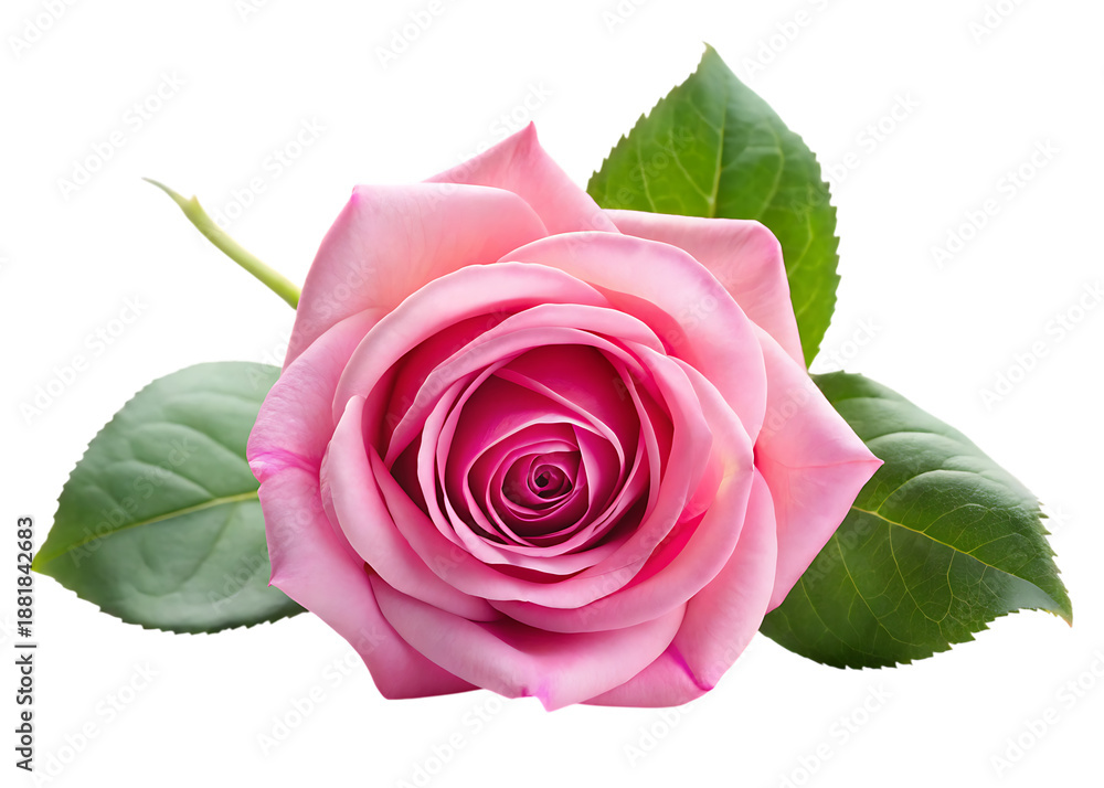 Fototapeta premium Pink rose with green leaves on black background flower