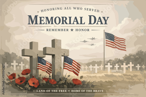 Memorial Day remembrance with crosses, poppies, American flags, and jets flying overhead