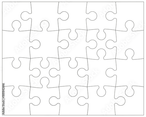 Puzzle twenty pieces rectangle printable contour isolated on white background. Jigsaw puzzle game template with angles. Puzzle outline 20 pieces, adjustable layout.