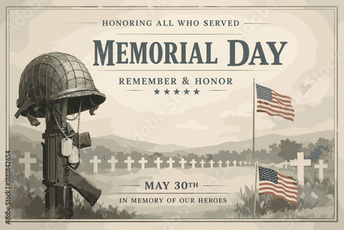 Memorial Day remembrance honoring fallen soldiers with military helmet and rifle display