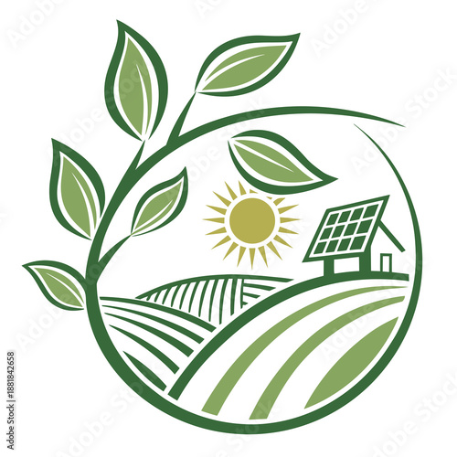 a modern logo design featuring a vibrant green leaf combined with stylized solar panels symbolizing sustainable farming and renewable energy