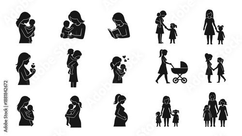 Collection of Motherhood Silhouettes in Various Scenes.