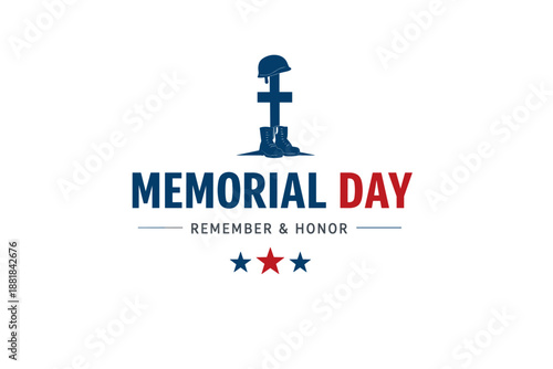 Memorial Day graphic with fallen soldier's helmet, boots, and cross remembrance