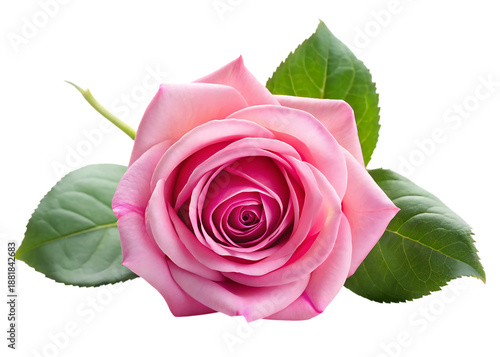 Pink rose with green leaves on black background flower