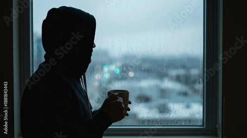 A pensive figure in silhouette stands before a rain-streaked window, clutching a warm mug and lost in contemplation. The scene evokes a mood of solitude, tranquility, and introspection.