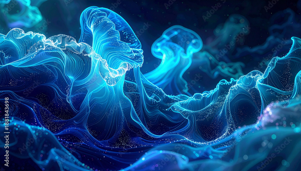 Obraz premium 透明感あふれる青いクラゲが優雅に泳ぐ深海の世界