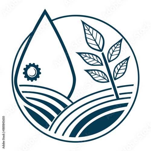 a modern eco farming logo design featuring a stylized water drop and vibrant green leaf symbolizing sustainability and growth