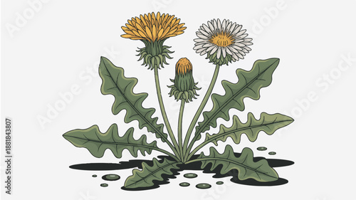 dandelion plant with green leaves and yellow and white flowers