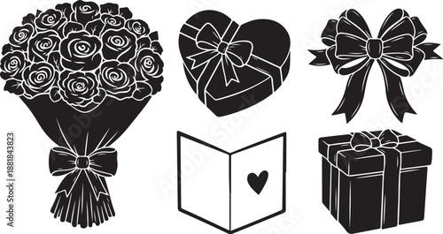 Valentine's Day icons with flowers and gifts in black