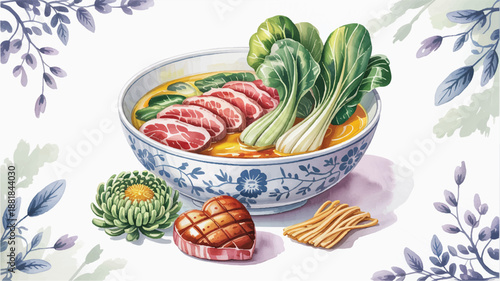 delicious bowl of ramen with meat and vegetables in yellow broth