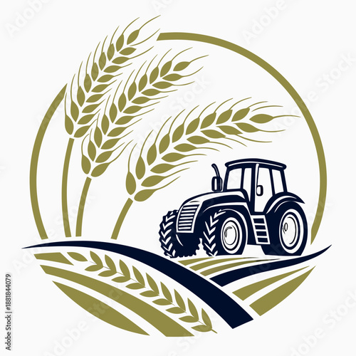 a modern agriculture logo design featuring stylized wheat stalks and a detailed tractor representing farming and growth high quality