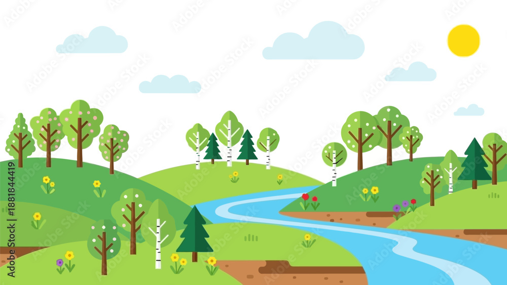 Naklejka premium Serene Landscape with River and Trees.