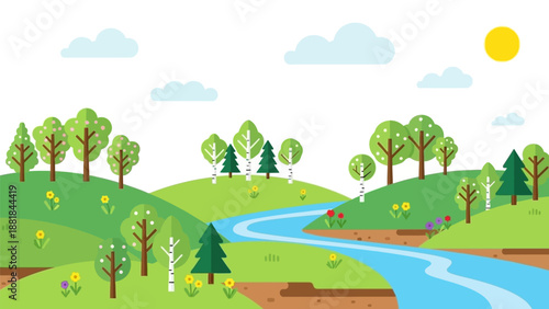 Serene Landscape with River and Trees.