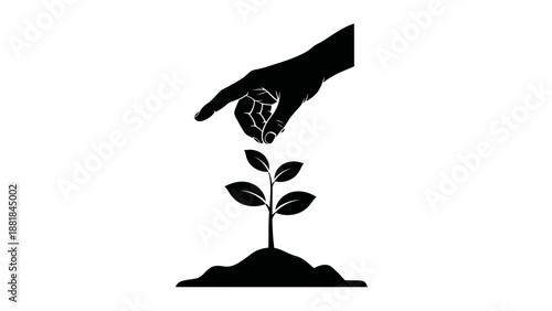Hand pointing at a young plant growing in soil, black and white illustration.