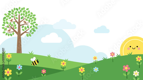 Bee Flying Near Tree and Flowers.
