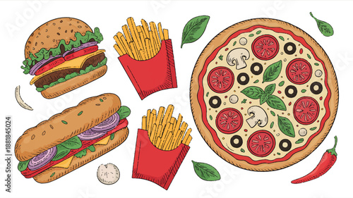 fast food collection with pizza burgers and fries