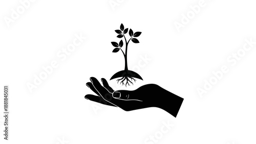 Hand holding a small plant, symbolizing growth and environmental care.