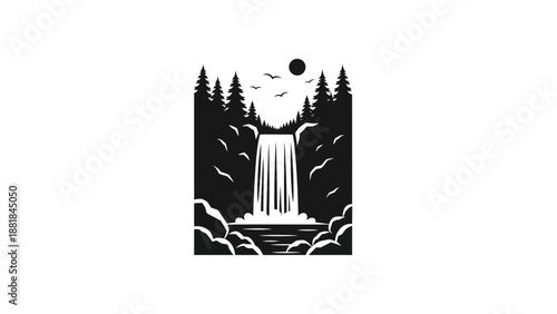 Monochrome vector illustration of a waterfall landscape with trees and birds.