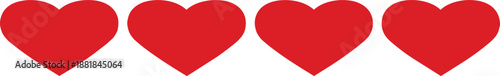 Set of Four Simple Red Heart Icons Isolated on White Background for Health Status Life Bar or Social Media Like Button Concept