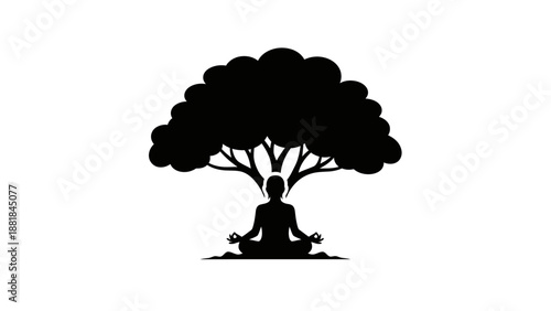 Silhouette of a person meditating under a tree, promoting mindfulness and peace.