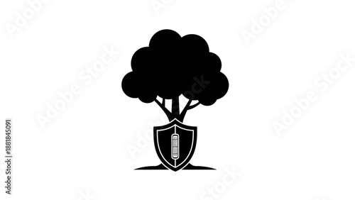 Battery protected by shield under a tree, symbolizing eco-friendly energy solutions.